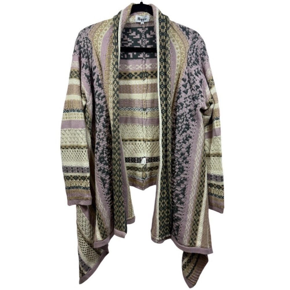 Military Hippie Womens Purple Fair Isle Open Front Waterfall Cardigan Sz Medium